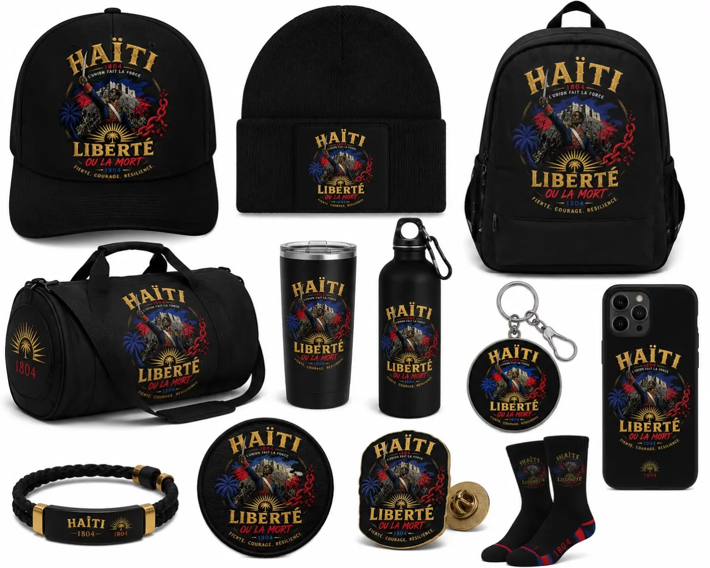 Caps, beanie, backpack, duffel, tumbler, bottle, keychain, phone case, patch, pin, socks, and bracelet with the Haïti 1804 emblem
