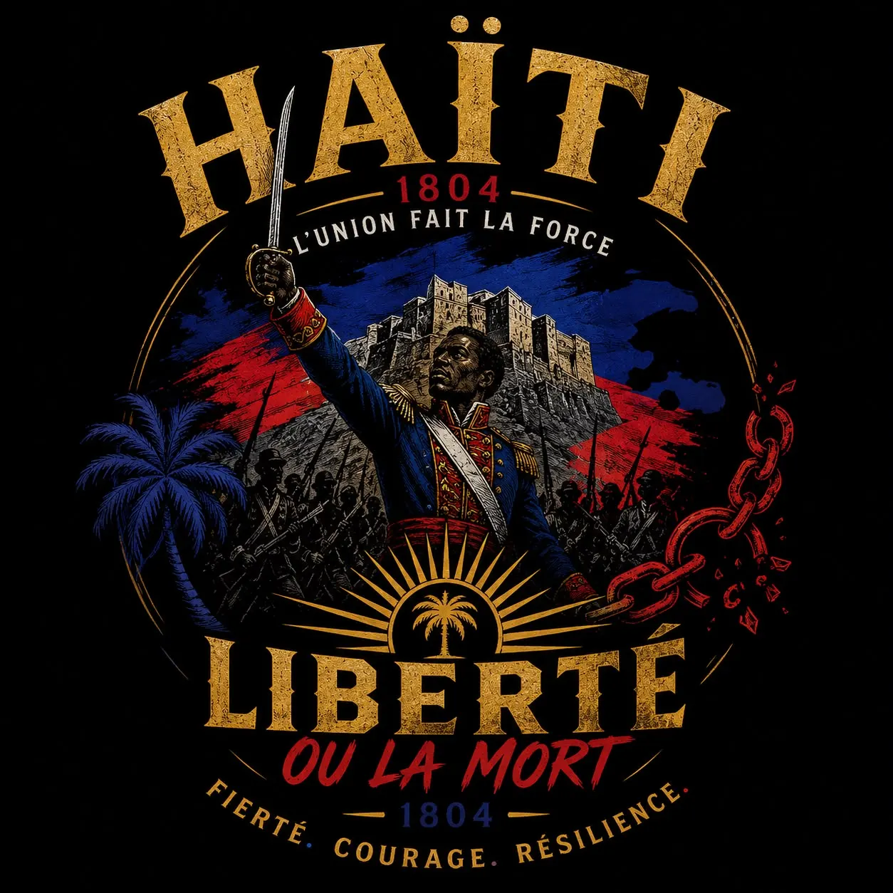 Haïti 1804 emblem with a raised sword, the Citadelle, a palm, and a broken chain