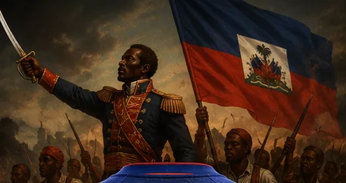 Illustration of a revolutionary leader raising a sword beside the flag of Haiti