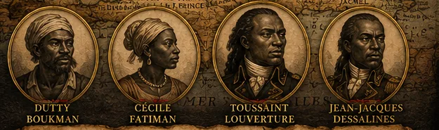 Portraits of Dutty Boukman, Cécile Fatiman, Toussaint Louverture, and Jean-Jacques Dessalines