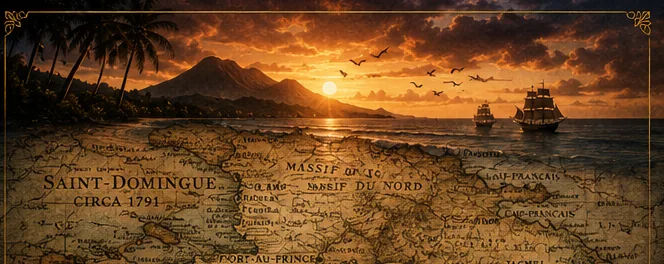 Old map of Saint-Domingue, circa 1791, with ships at sunset