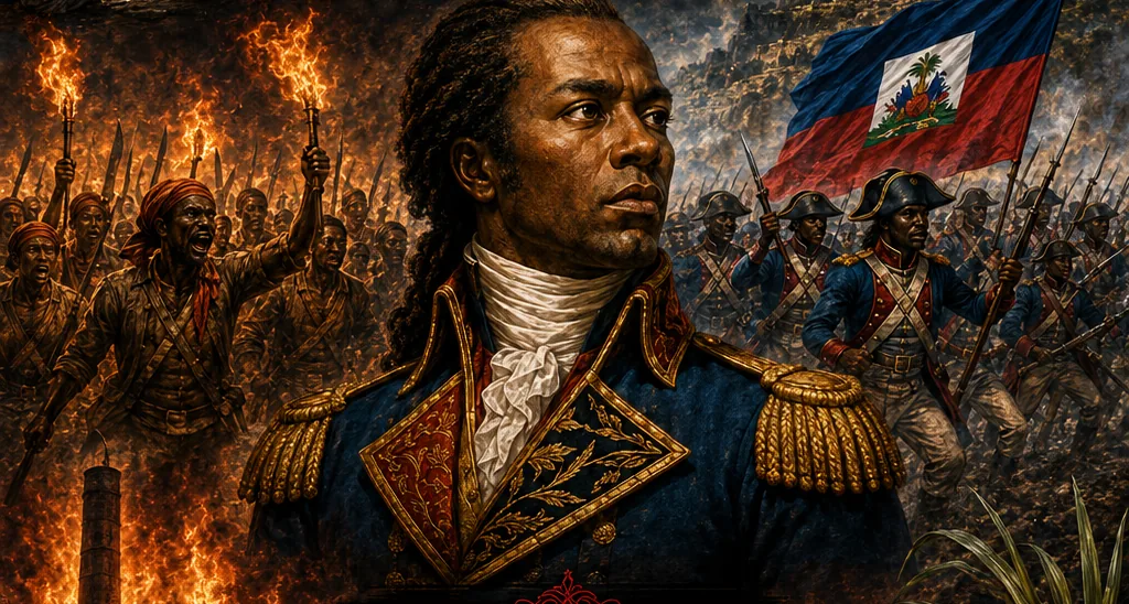Illustration of Toussaint Louverture with revolutionary fighters and the flag of Haiti