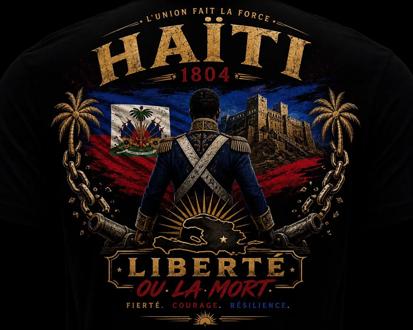 Haïti 1804 design: a revolutionary figure with crossed swords between palm trees and the Citadelle, above the words Liberté ou la mort
