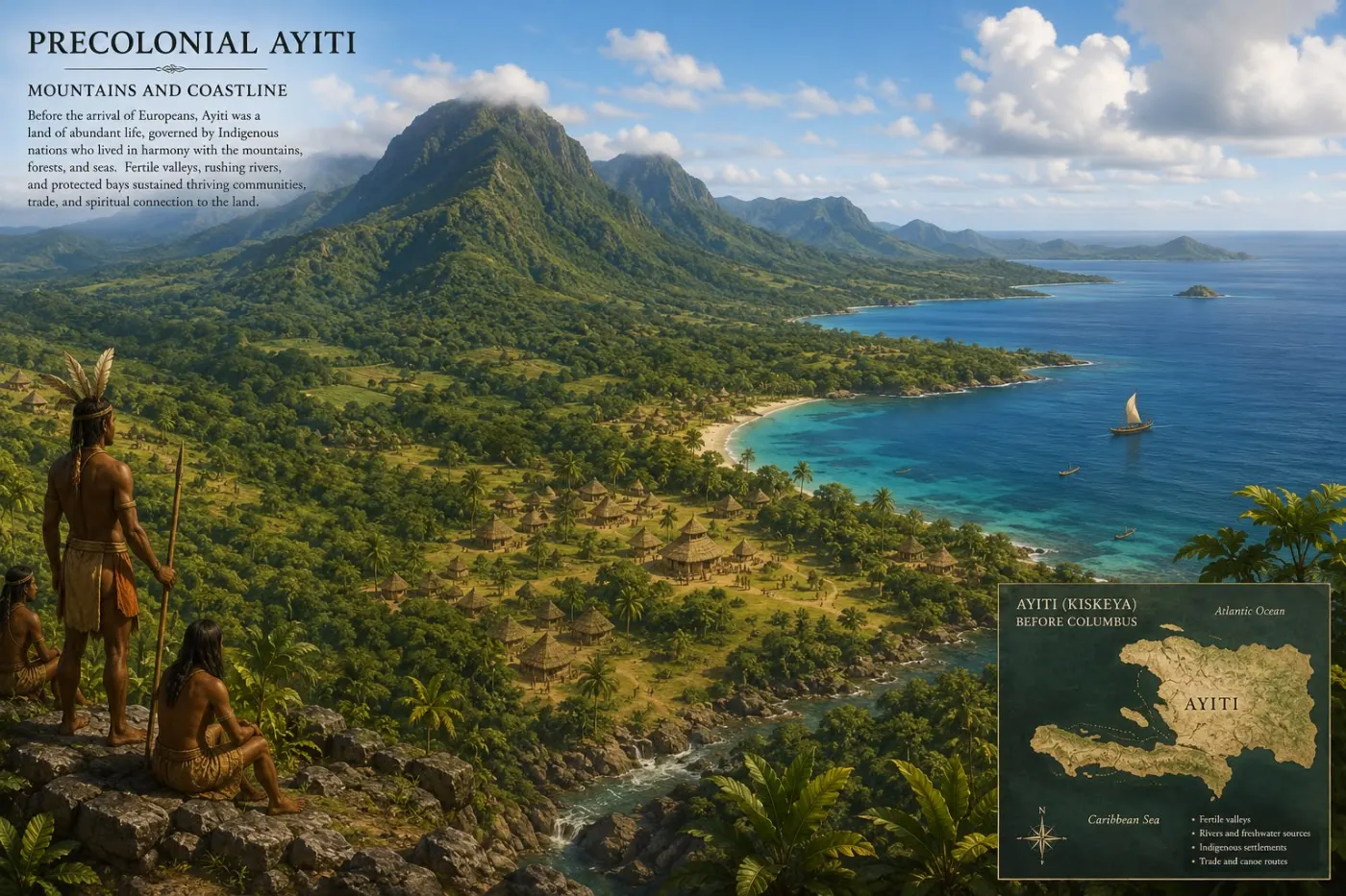 Illustration of precolonial Ayiti: Indigenous people on a ridge above a village, green mountains, and a turquoise bay, with an inset map of the island