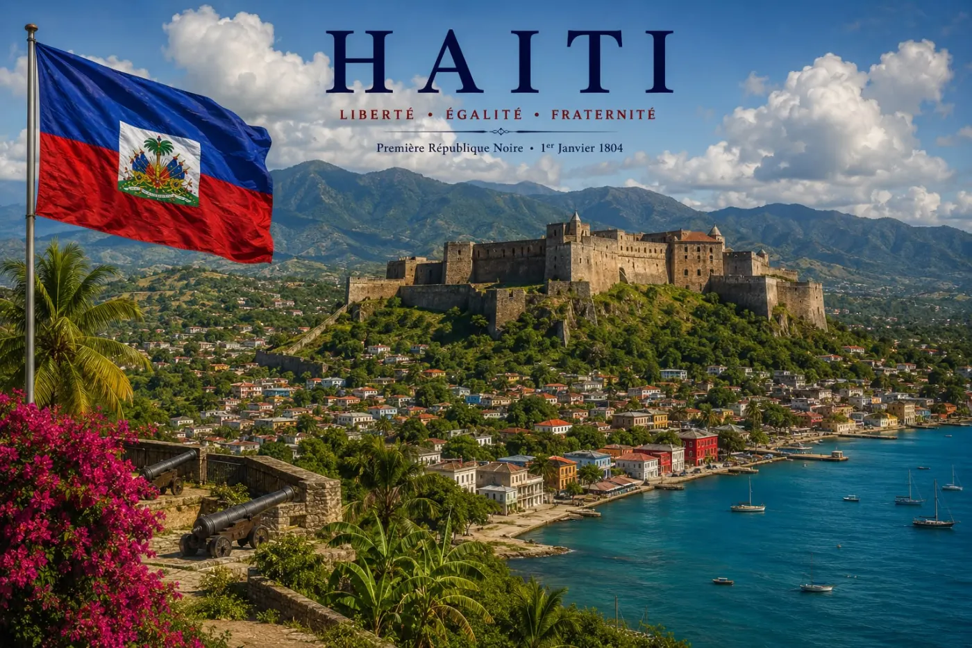 Illustrated poster of Haiti: the flag, a hilltop fortress above a harbor town and bay, and the words Liberté, Égalité, Fraternité