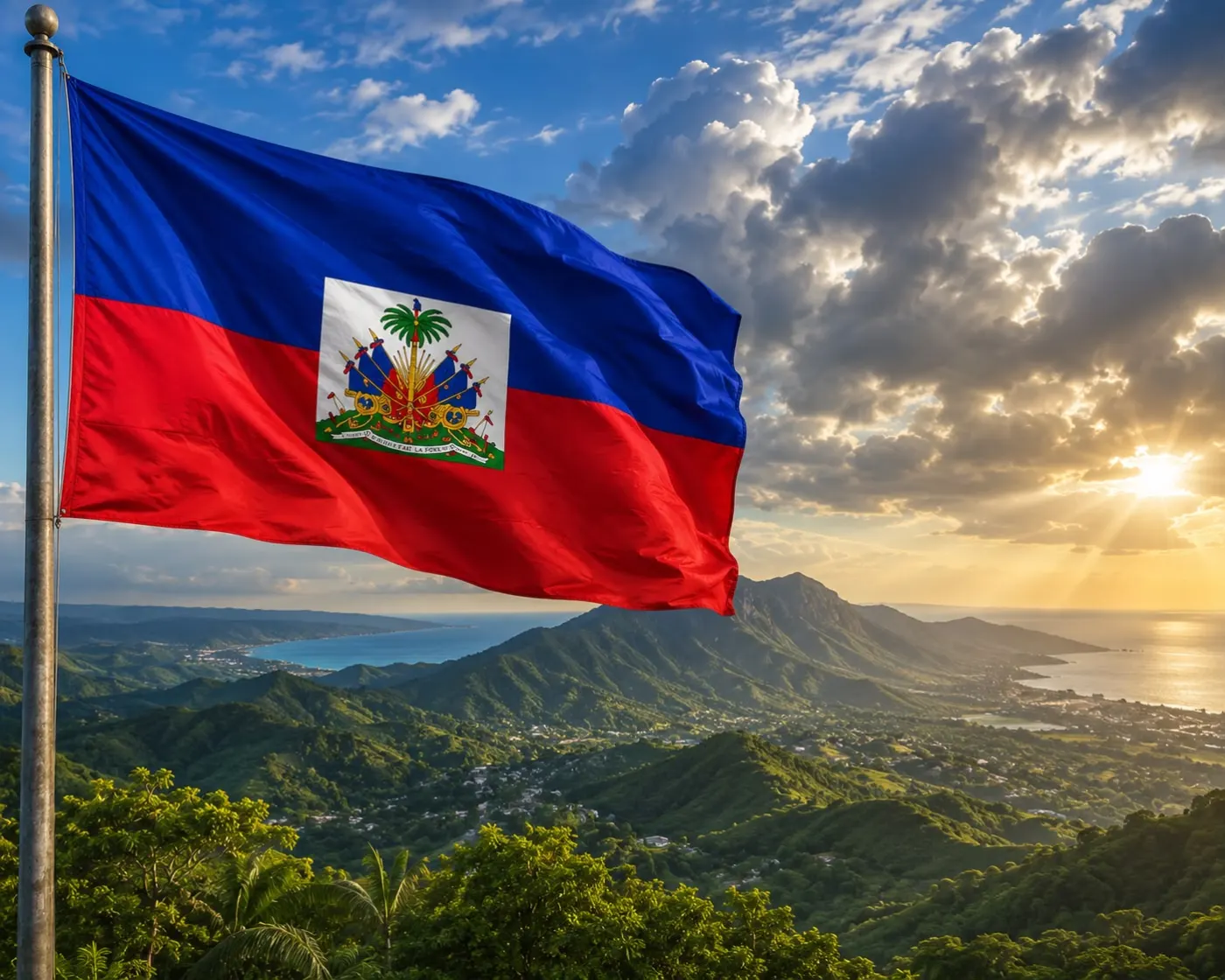 The flag of Haiti waving above green mountains and the sea at sunrise