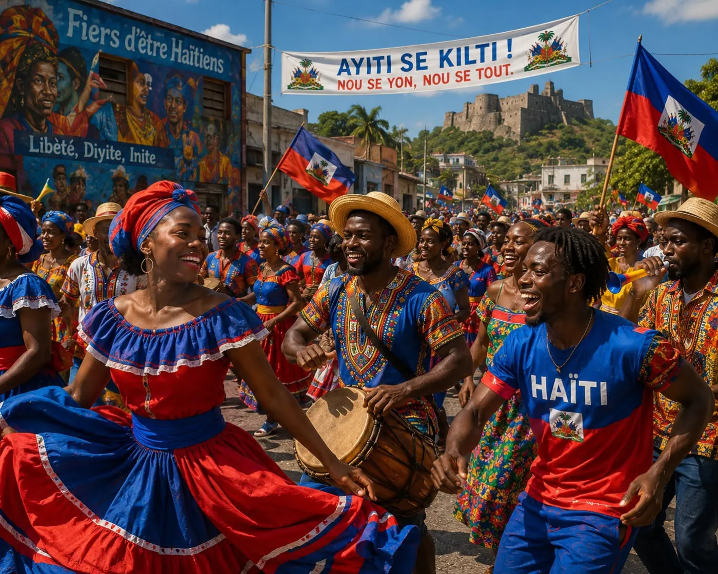 Street festival in Haiti: a dancer in a red and blue dress, a drummer, and a fan in a HAÏTI jersey under flags and a banner reading Ayiti se kilti